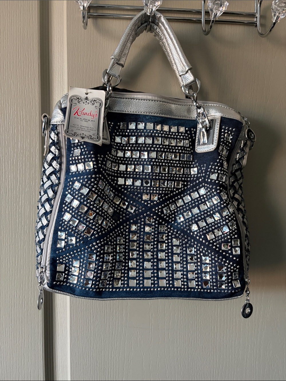 Navy Shoulder Bag with Silver Stud Embellishments